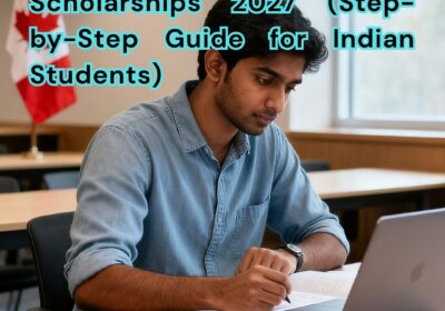 Indian student preparing for Canada Scholarships 2027 at a study desk with Canadian university campus and flag in background.