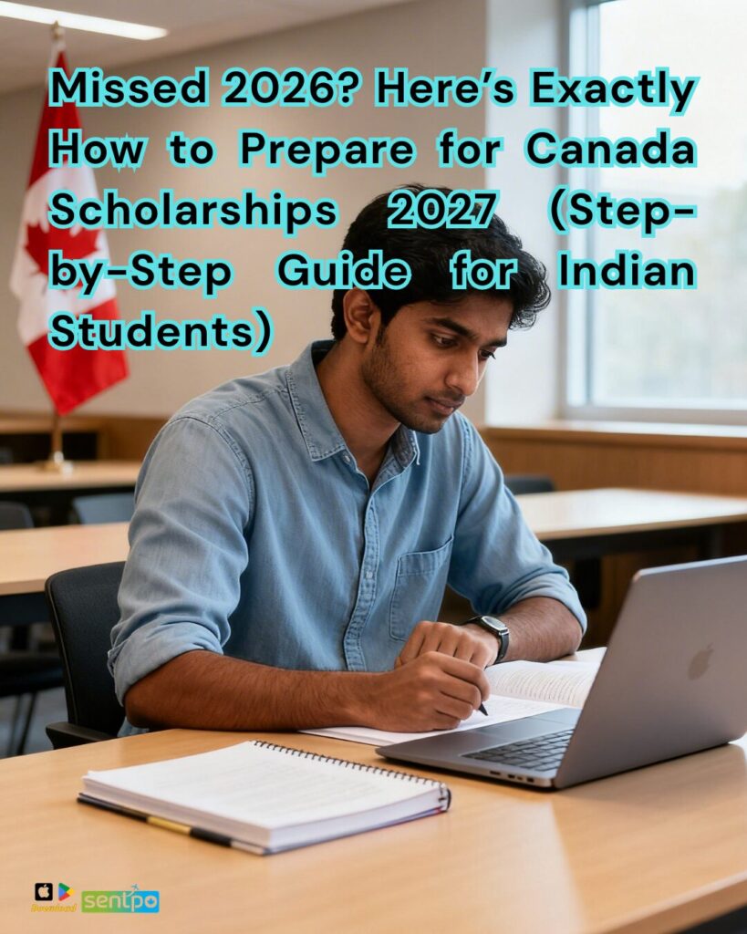 Indian student preparing for Canada Scholarships 2027 at a study desk with Canadian university campus and flag in background.
