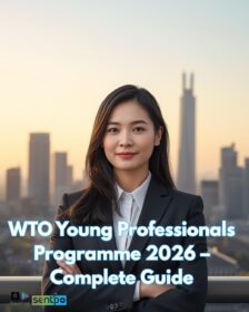 Confident young professional overlooking Geneva skyline symbolizing the WTO Young Professionals Programme in Switzerland, a paid international trade career opportunity.