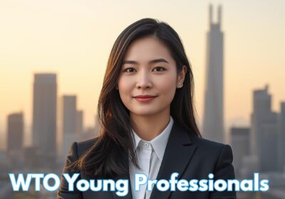 Confident young professional overlooking Geneva skyline symbolizing the WTO Young Professionals Programme in Switzerland, a paid international trade career opportunity.