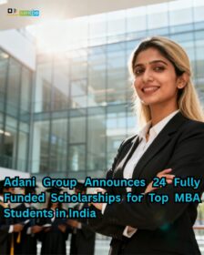 Business students walking toward a modern corporate headquarters symbolizing Adani Group’s fully funded MBA scholarships under the AALP program.