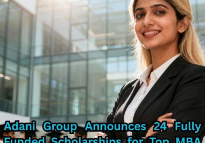Business students walking toward a modern corporate headquarters symbolizing Adani Group’s fully funded MBA scholarships under the AALP program.