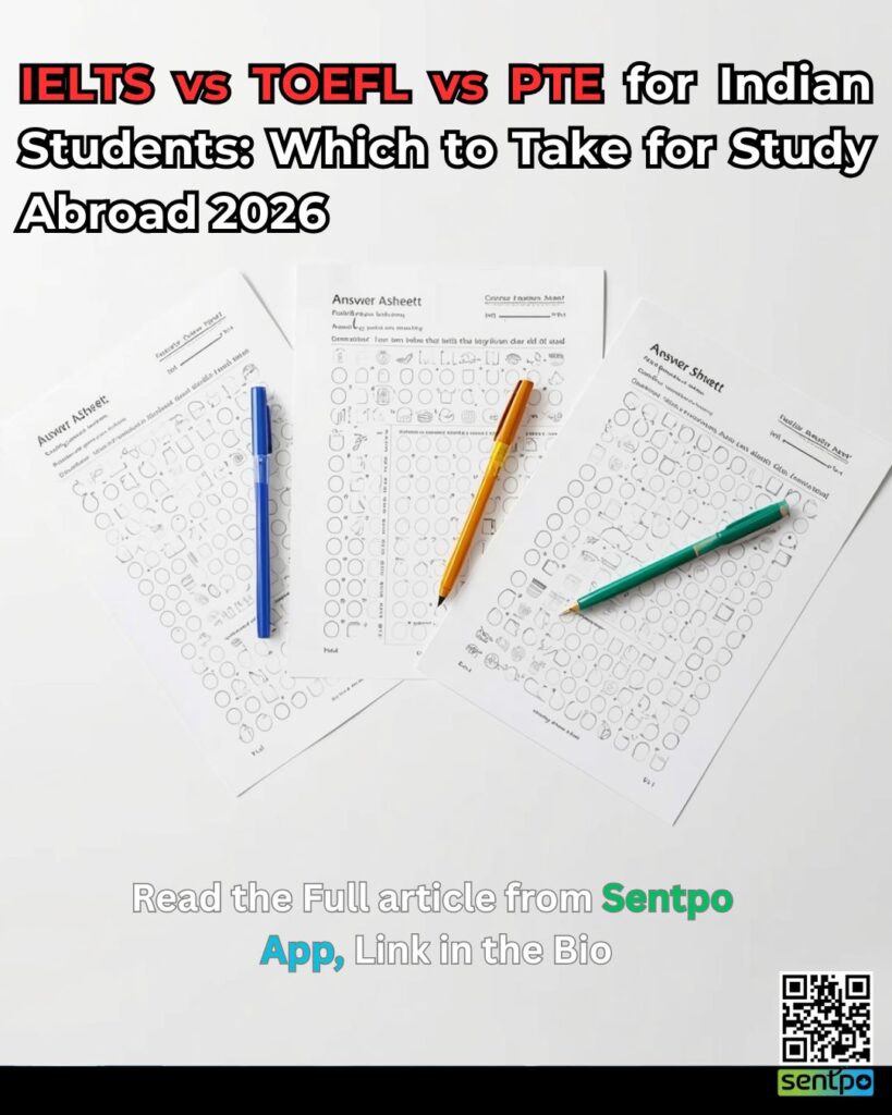 IELTS vs TOEFL vs PTE for Indian students — complete 2026 comparison of fees, scores, difficulty and country acceptance. TOEFL changed format in January 2026. Find out which test is right for you.