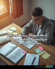 A university student researching college programs on a laptop surrounded by documents and a checklist