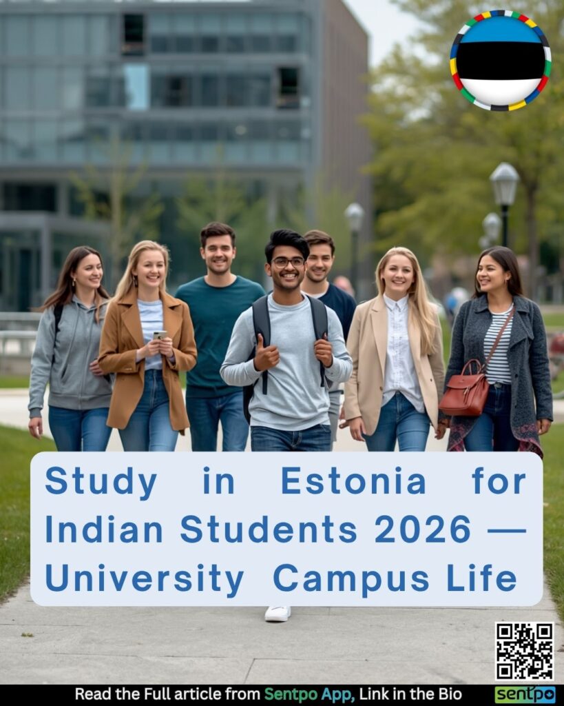 Indian student walking with international students at a university campus in Estonia 2026