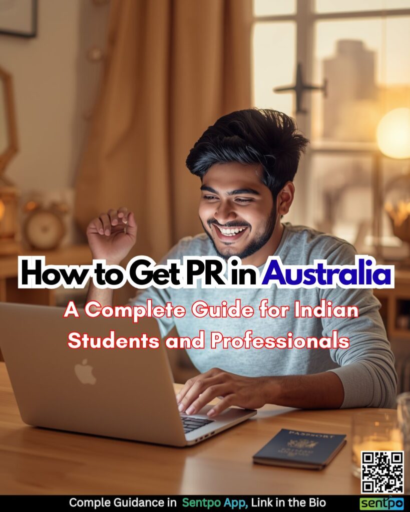 Indian student holding Australian PR documents with Sydney Harbour Bridge in background