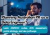 Indian Data Engineer working on laptop with data pipeline visualisation and Australian city skyline