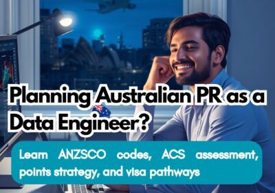 Indian Data Engineer working on laptop with data pipeline visualisation and Australian city skyline