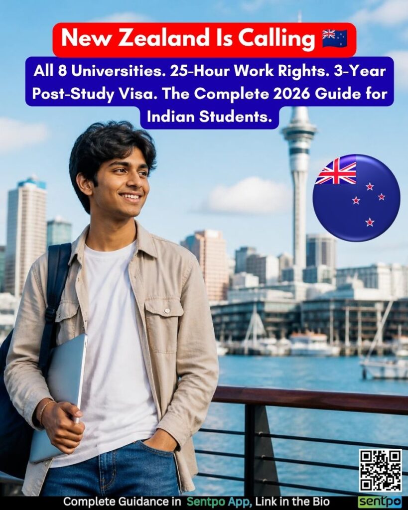 Study in New Zealand 2026 — complete guide for Indian students covering all 8 universities, Kia Ora India, tuition fees, scholarships, student visa and post-study work visa